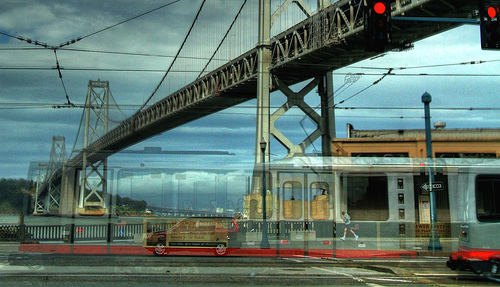 Muni HDR in front of the Bay Bridge